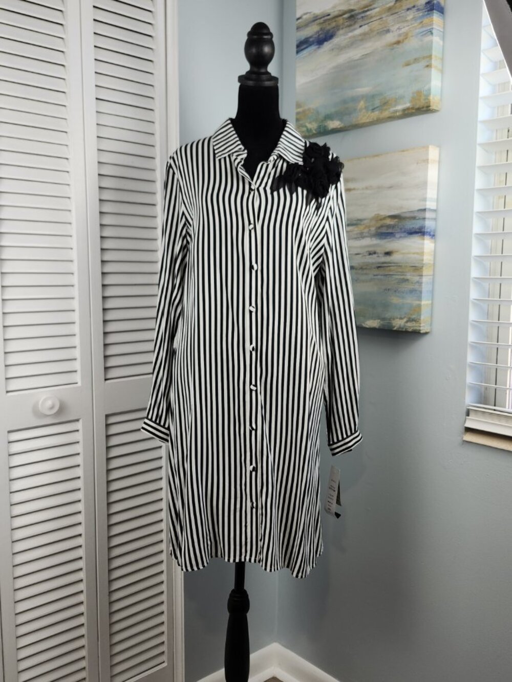 MSK Shirt Dress M Black White Stripe Button Long Sleeve Flower Applique NWT $78